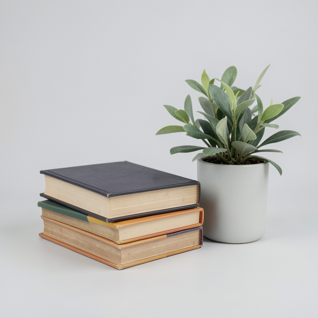 Clean studio photograph of stacked academic books and a muted green plant on a light grey seamless backdrop, calm scholarly still life